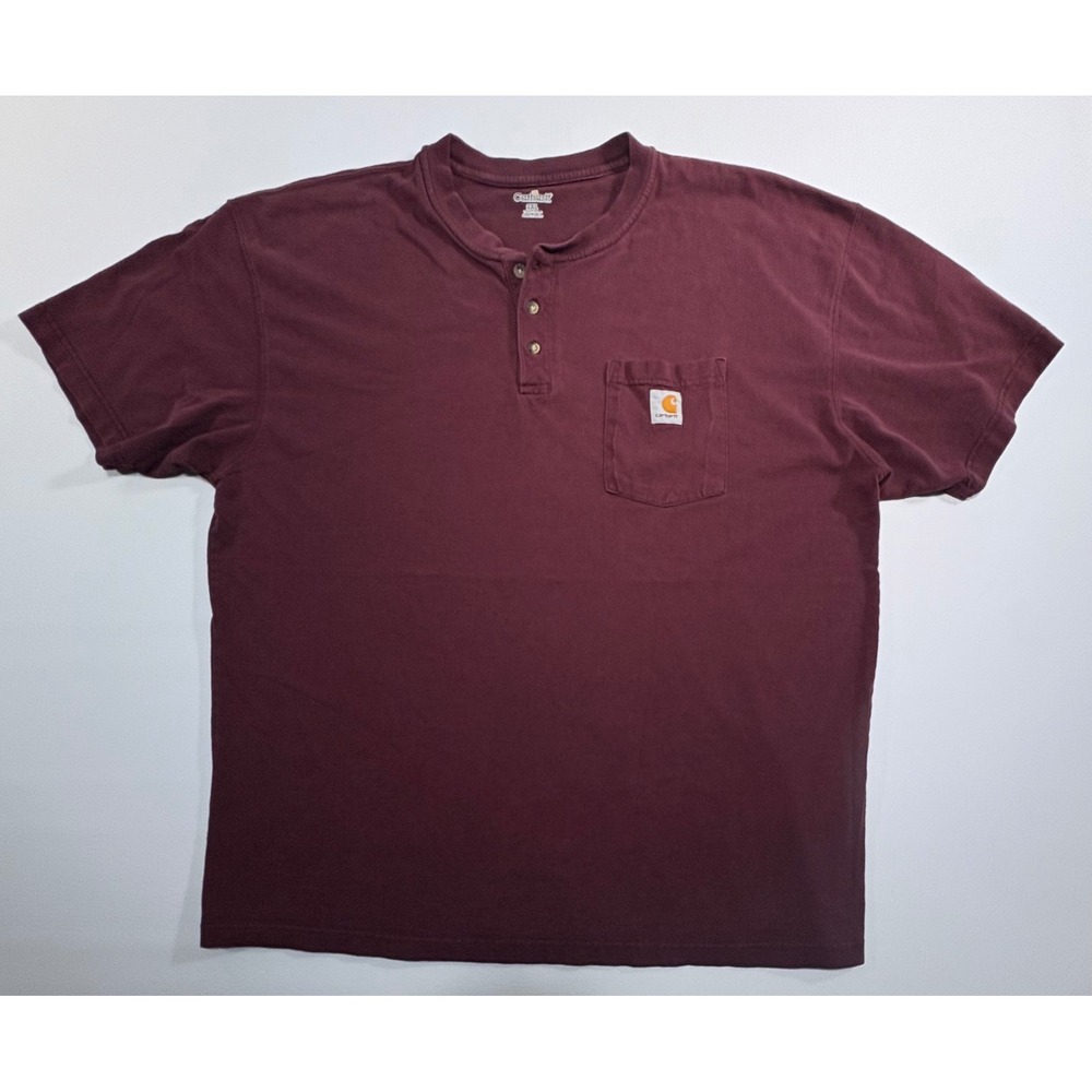 Carhartt Mens 2XL Burgundy Short Sleeve Henley Pocket T-Shirt Cotton K84 PRT